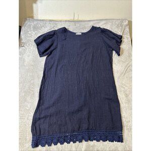 Bellambia 100% Linen Dress Size 2X Plus Short Sleeve Navy Blue Crochet Hem Boho